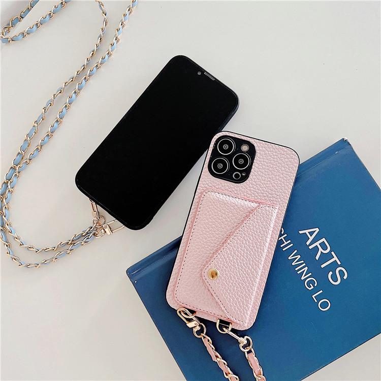 Applicable To Iphone14 Crossbody Chain Card Case, Mobile Phone Case 16E Lychee Pattern Card Case 13promax Protective Case 12