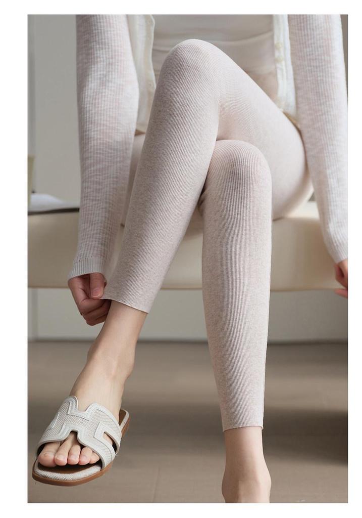 Petite Women's Ribbed Cotton Leggings - Spring/Autumn, High Elasticity, Grey