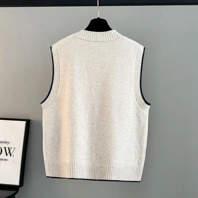 Popularna Koreańska Moda Damskie Swetry Kamizelka Wiosna Jesień Jednolity Dekolt w Serek Kieszeń Guziki Patchwork Luźny Bez Rękawów Kardigan Dzianinowy