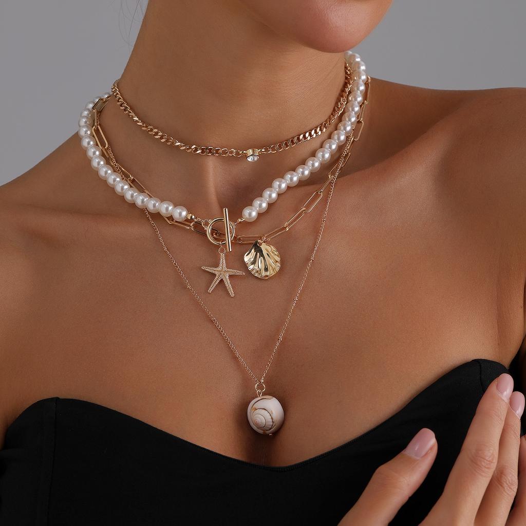 Baroque Pearl Starfish Necklace Seashell Conch Beach Elements Casual Items