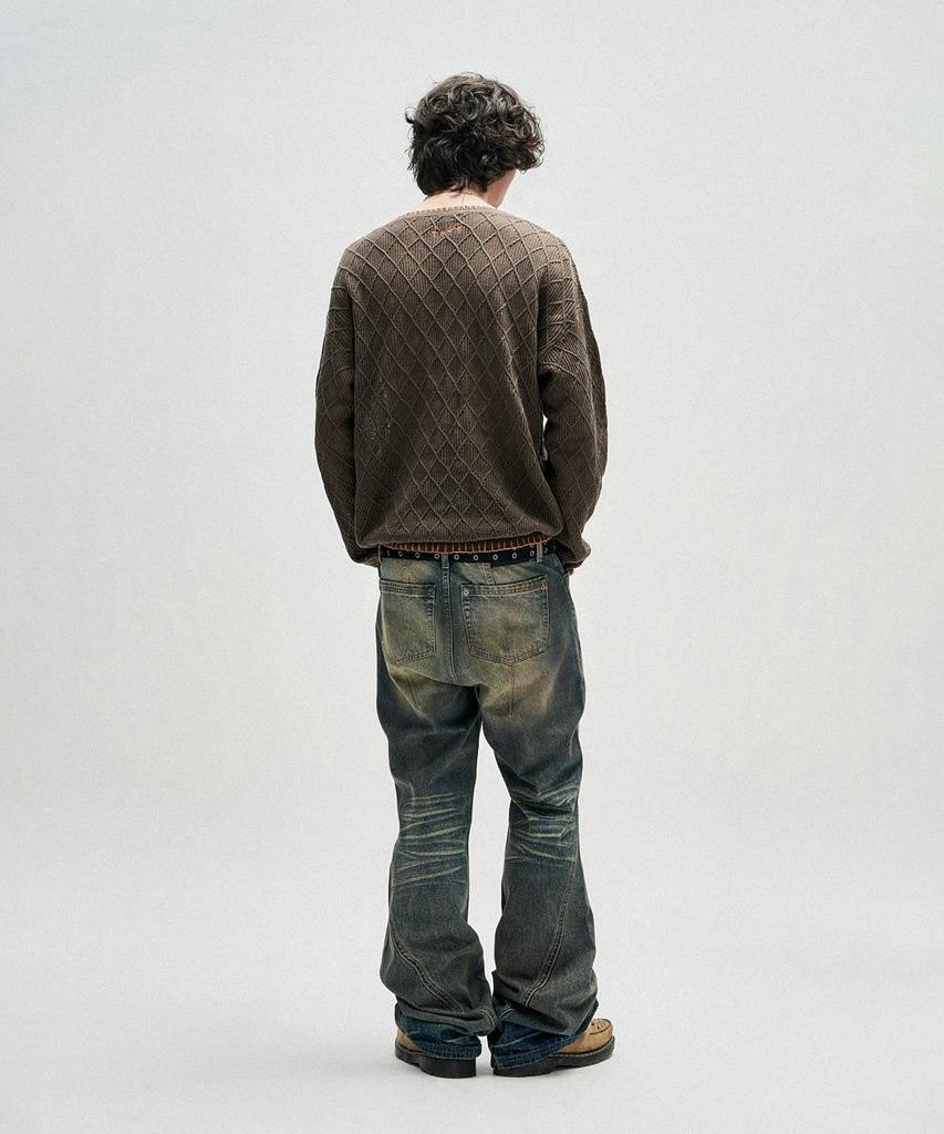 NOT4NERD Distressed Contrast Hand Stitch Knit - Khaki