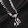 Fashion Hip Hop Jewelry Iced Out CZ Heart Bail Cursive Initial Letters Necklace with 9mm Cuban Link Chain for Drop Shipping