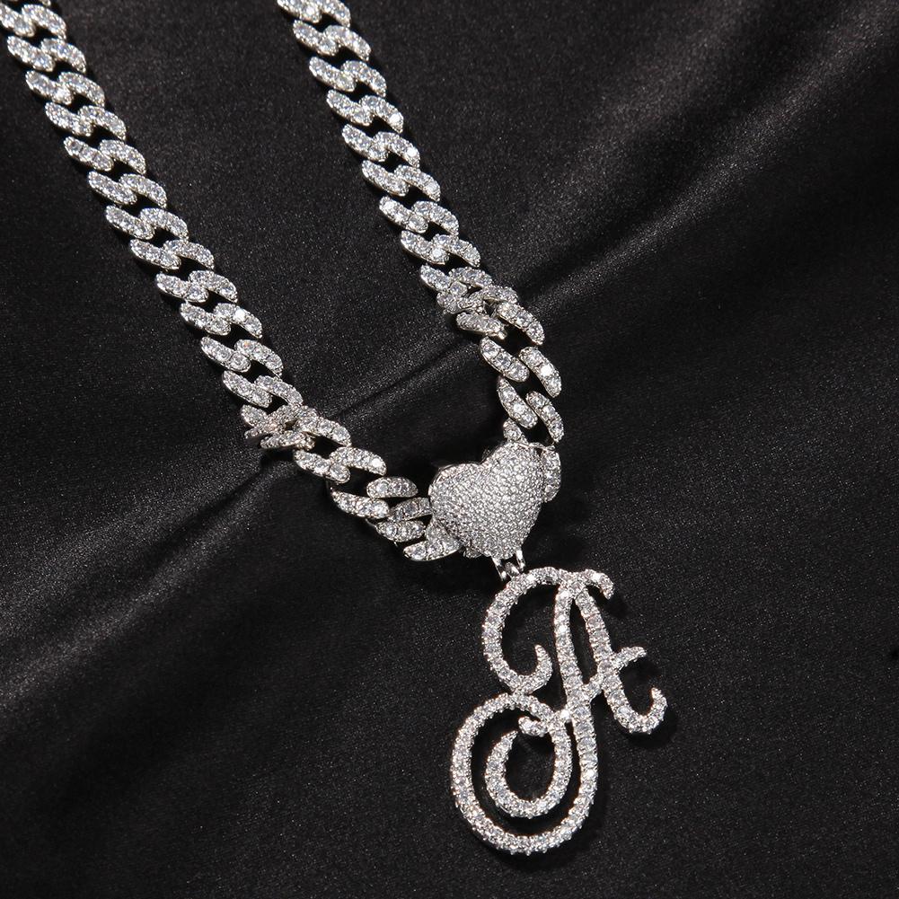 Fashion Hip Hop Jewelry Iced Out CZ Heart Bail Cursive Initial Letters Necklace with 9mm Cuban Link Chain for Drop Shipping