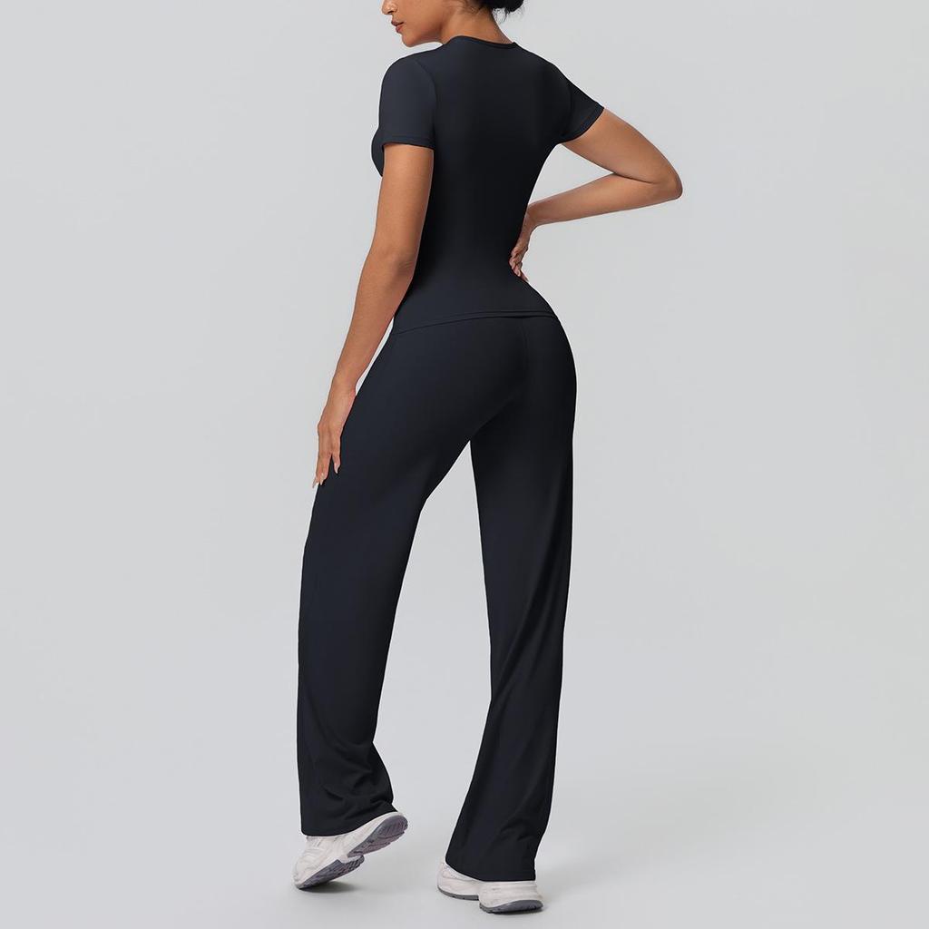 Tvådelad Enfärgad Yoga-dräkt: Dubbelsidig borstad långärmad topp med vida byxor för träning, löpning och fitness