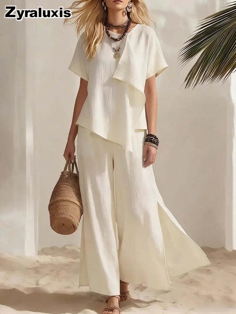 Women's Summer New Fashion Casual Irregular Short Sleeve Top with Wide Leg Pants