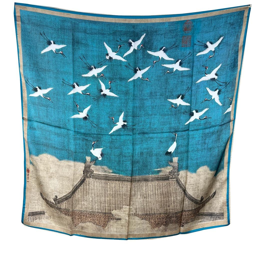 Guochao Chinese Landscape Painting Lotus Flower Versatile 100 Mulberry Silk Square Scarf Thin Shawl Women'S Silk Scarf Silk Scarf