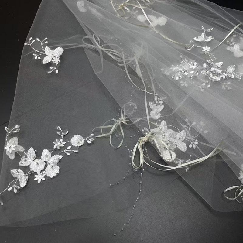 White Bridal Veils Pearls Studded Lightweight Tulle Long Train Hairpiece For Wedding Party Cosplay