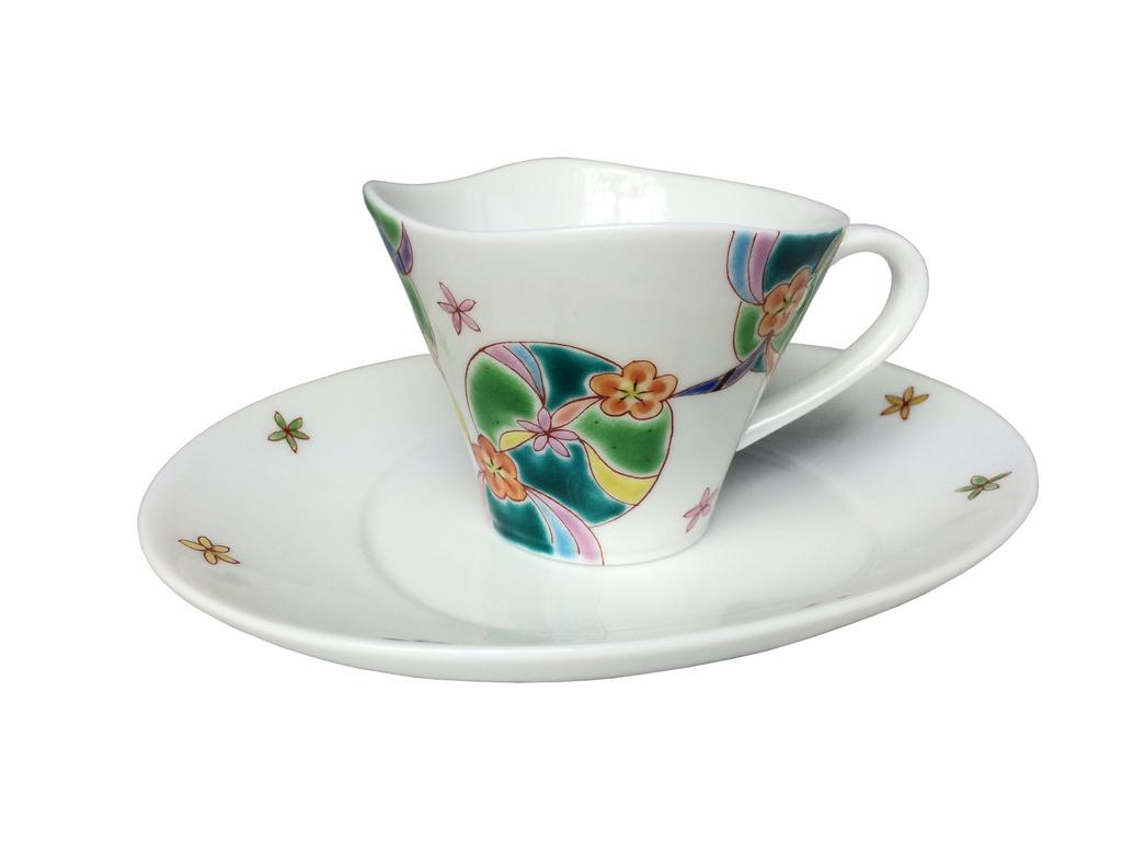 Maruzen Iwata Shoten Kutani Ware Cup & Saucer "Hana no Umi" (Flower Rhythm) was-A511