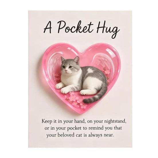 Cat Memorial Pocket Hug with Inspirational Card Emotional Support Heart-Shaped Sleeping Cat Charm Keepsake Figurine Decoration Cat Owners Lovers Gift