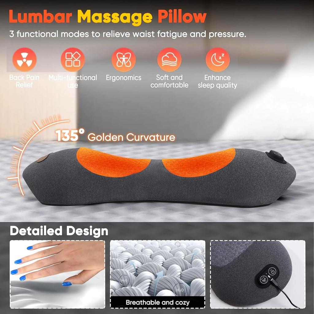 3 in 1 Back Massager, Electric Lumbar Support Pillow Heat Vibration Massage Lower Back Spine Decompression Device, Dark Gray