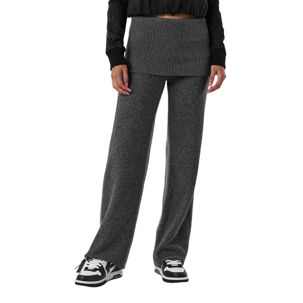 Off White Womens/Ladies Off Ribbed Fold Over Wide Leg Trousers
