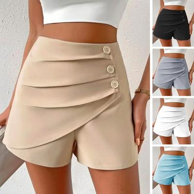Women Shorts High Waist Asymmetric Pleated Button Decor Solid Color Slim Fit Soft Tummy Control Above Knee Length Mini Shorts