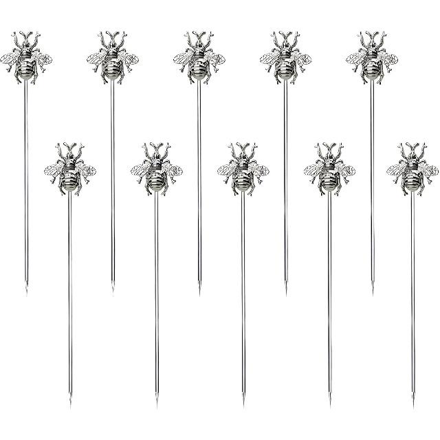 10 PCS Bees Cocktail Picks, Stainless Steel Cocktail Toothpicks, Reble Cocktail Skewers for Drinks, Metal Martini Toothpicks for Appetizers Fruit