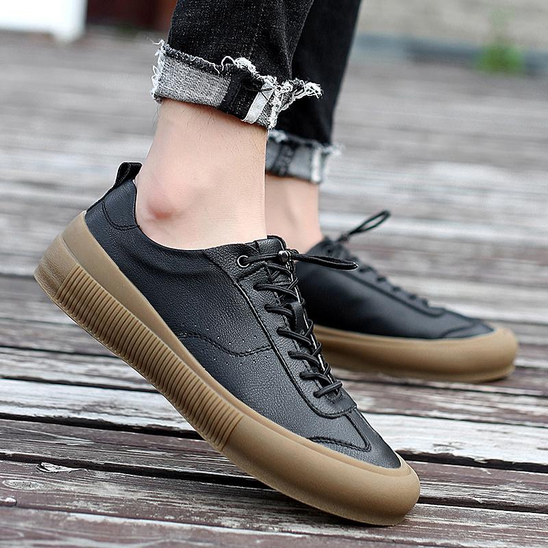 2024 New Two-layer Cowhide Board Shoes Low Top Men's Shoes Summer Casual Black White Leather Flat Shoes Lace-up  Male Sneakers