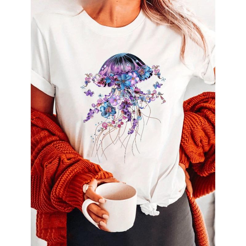European Sizes Purple Jellyfish Flower Printed T-Shirt, Short-Sleeved Round Neck Casual Top, Suitable for Summer And Spring, Women'S Clothing
