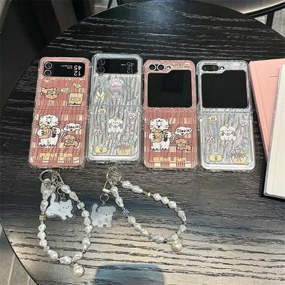 Korean Cute Cat Puppy Phone Case For Samsung Galaxy Z Flip 6 5 4 3 Cover with Chain Stand Holder Kawaii Cartoon Hard Cases Flip6