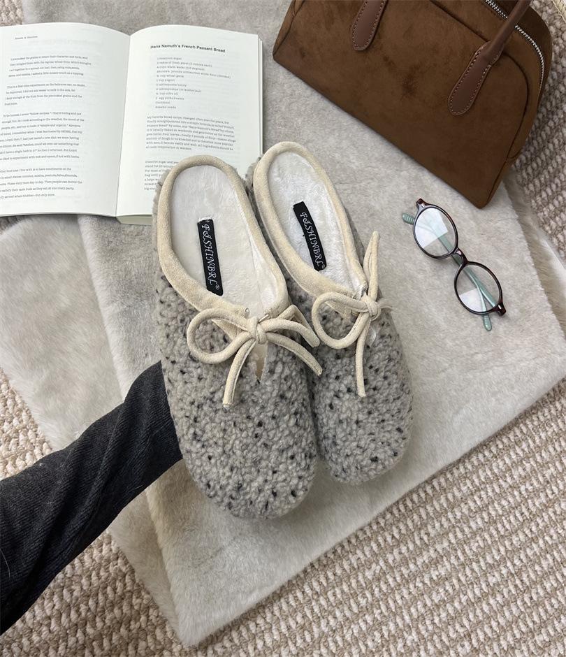 French Fairy Style Lamb Wool Lace-up Flat-bottomed Wool Shoes, Women Wear New Lazy One-pedal Thermal Cotton Shoes In Winter