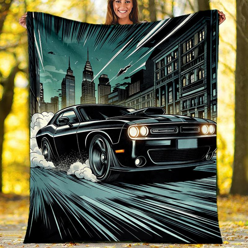 City Sports Car Comic Style Fleece Printed Flannel Blanket, Warm Soft Throw Sofa Bed Blanket