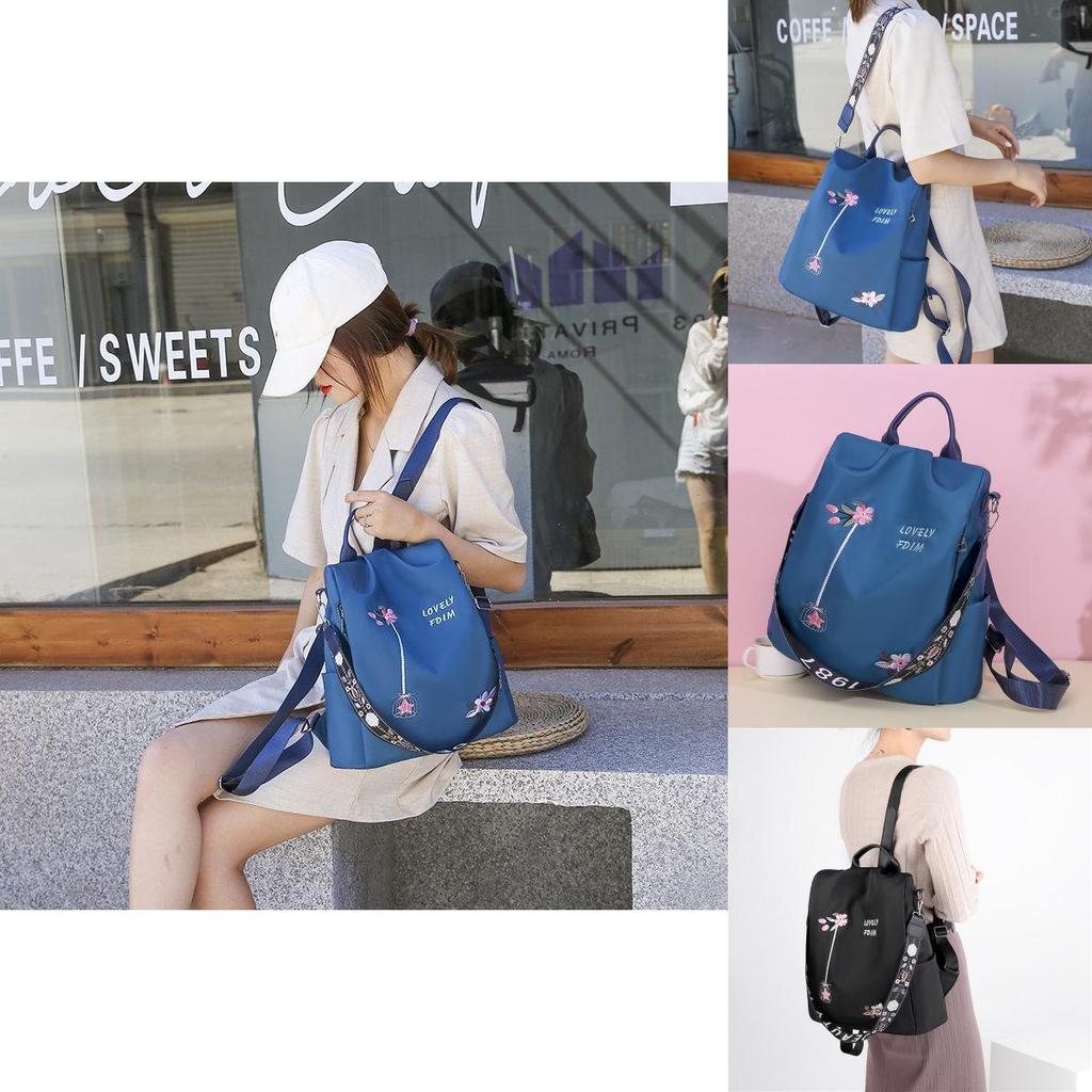 Floral Embroidered Double Backpack Large Capacity Women's Bag Oxford Fabric Blue Black Khaki