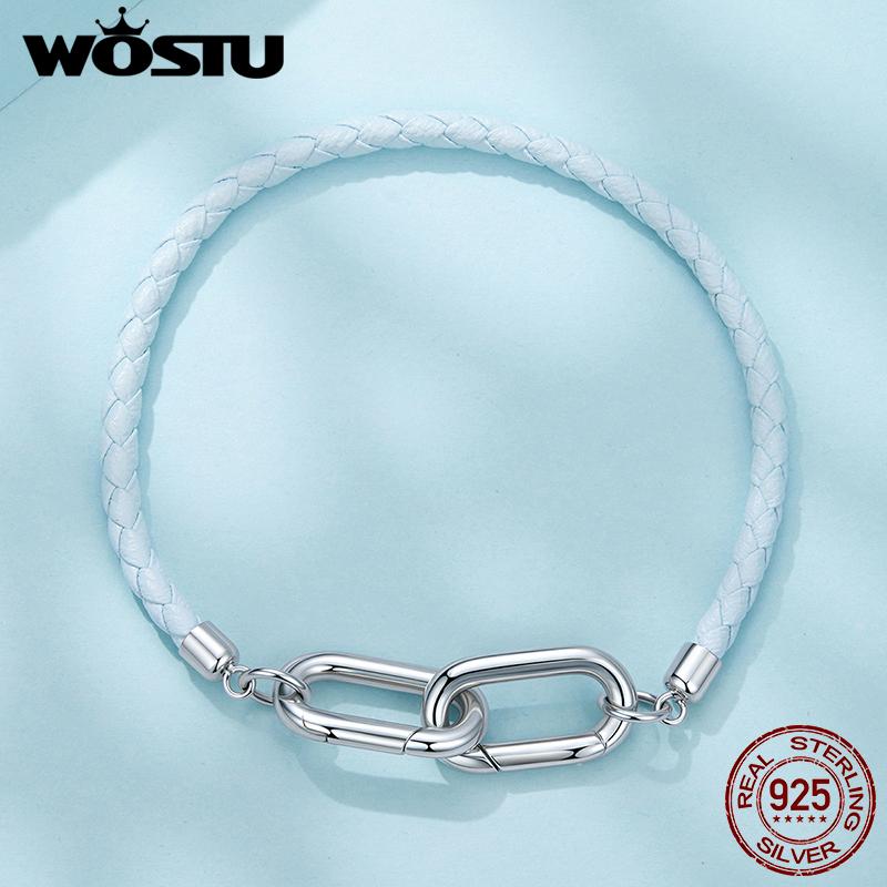 WOSTU DIY 925 Sterling Silver Leather Bracelet Light Blue Braided Rope with Interlocking Clasps Fit For Charms Bead for Women
