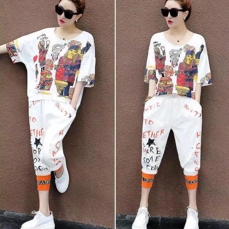 Women's Suit Summer Short Sleeved T Shirt Harem Calf Length Pants Fashion Korean Loose Leisure Sports Set