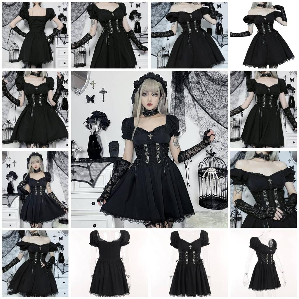 Goth Gothic Vintage Princess Dress Women Dark Lace Up Cross Corset Streetwear Partywear Lolita Female