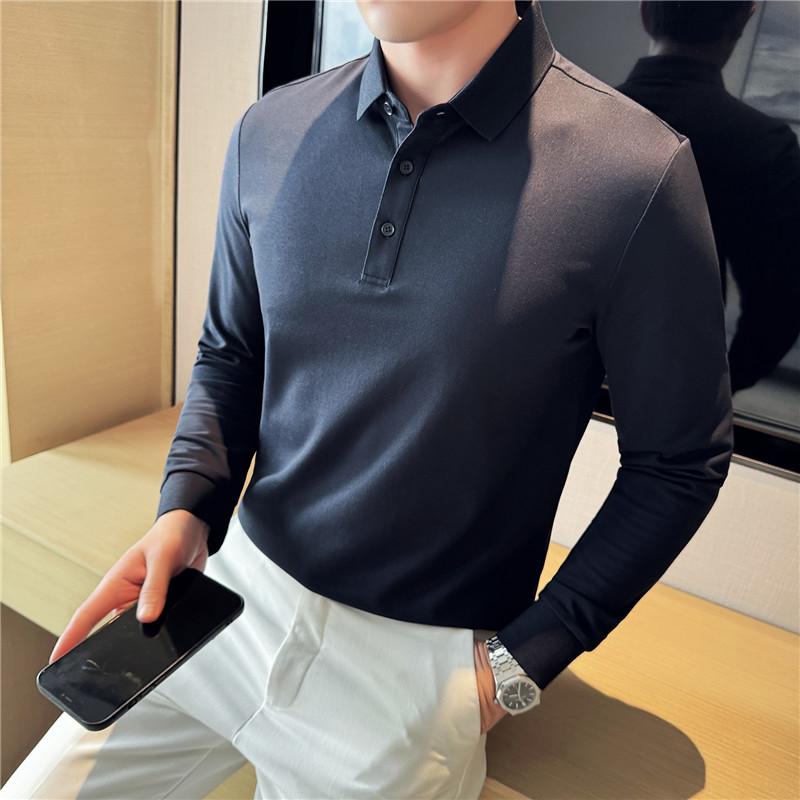 Spring Autumn New Long-Sleeved Men's Polo Shirt Lapel T-Shirt Korean Mens Collared Men Soild Color T-Shirt Bottoming Shirt