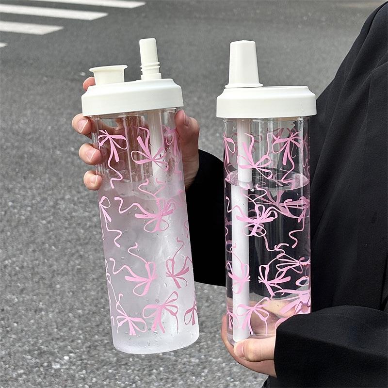 

850ml Bow Plastic Straw Cup Cover Student Office Cold Drink Cup With Straw Coffee Juice Milk Portable Large Capacity Water Cup