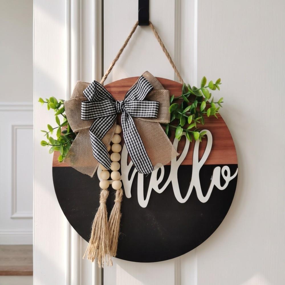 Bowknot Wooden Welcome Sign Artificial Flower Plant Wall Art Door Wreath  Wall Decor