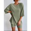 Women's Spring Solid Color Casual Outfit, Crew Neck Loose Top & Shorts Two-Piece Set