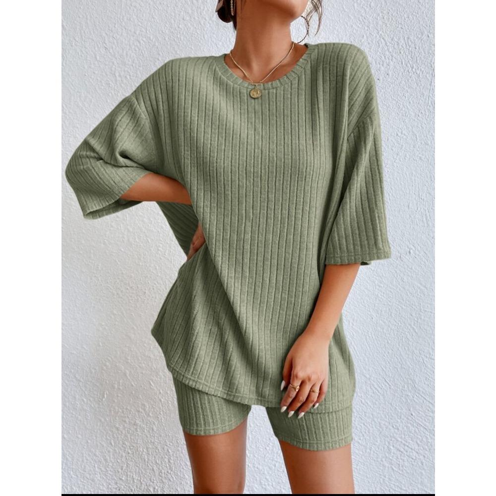 Women's Spring Solid Color Casual Outfit, Crew Neck Loose Top & Shorts Two-Piece Set