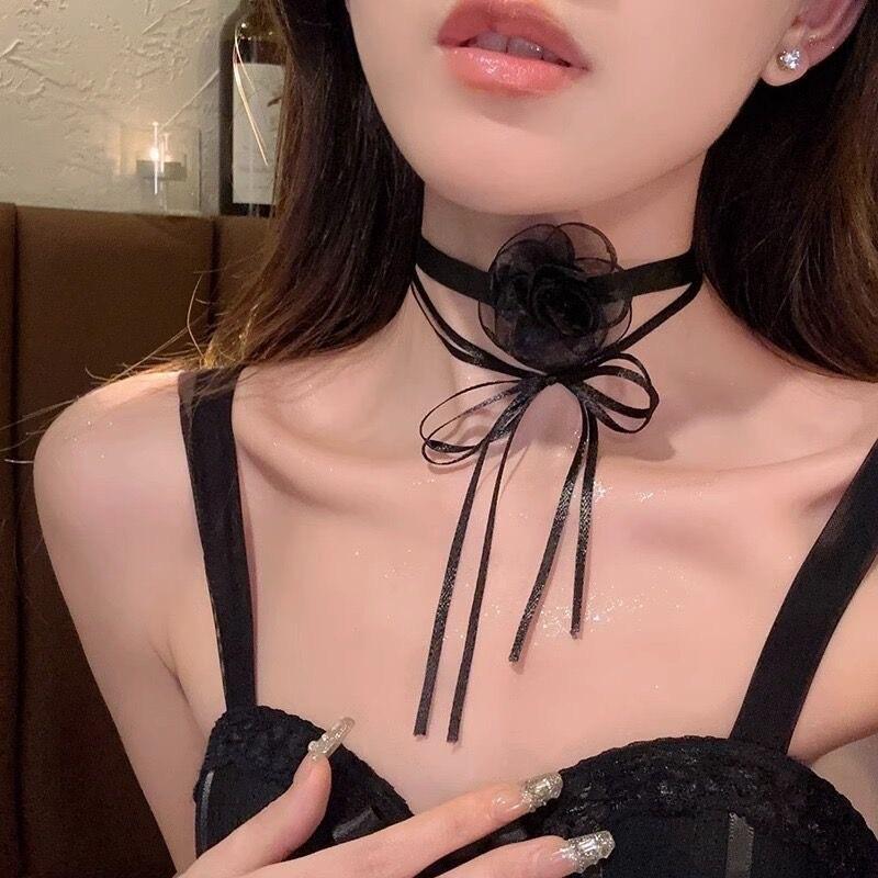 Lolita Camellia Choker Necklace for Women - Dark Clavicle Chain, Maid Style Neckband Collar
