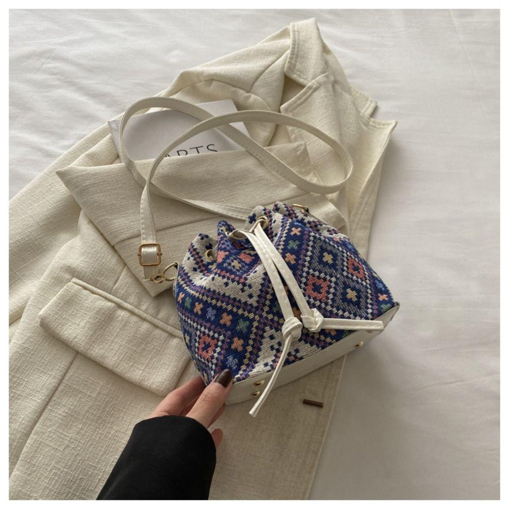 Fashion Linen Fabric Bucket Bag Floral Ethnic Style Crossbody Bag Handbag Women