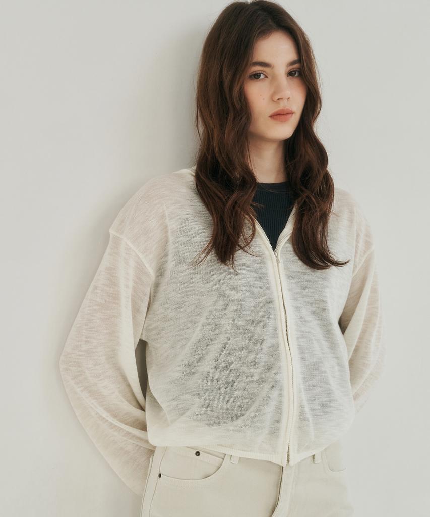 LOSSYROW Light Zip-Up Knit Hoodie Ivory