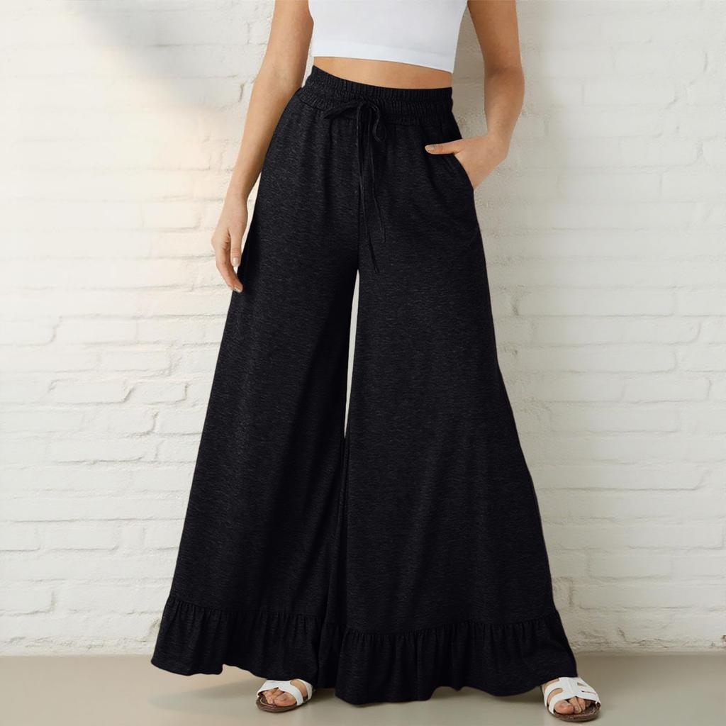 Women’s Casual Loose Fit Drawstring Elastic Waist Wide Leg Pants with Ruffle Hem and Relaxed Flowy Silhouette for Everyday Wear