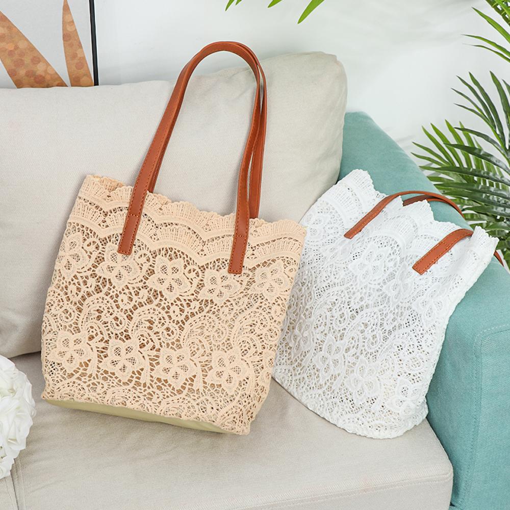 Borse in paglia intrecciata con design traforato 'Spiaggia Sabbiosa', Borsa a tracolla estiva in pizzo, Borsa a uncinetto con fiore all'uncinetto