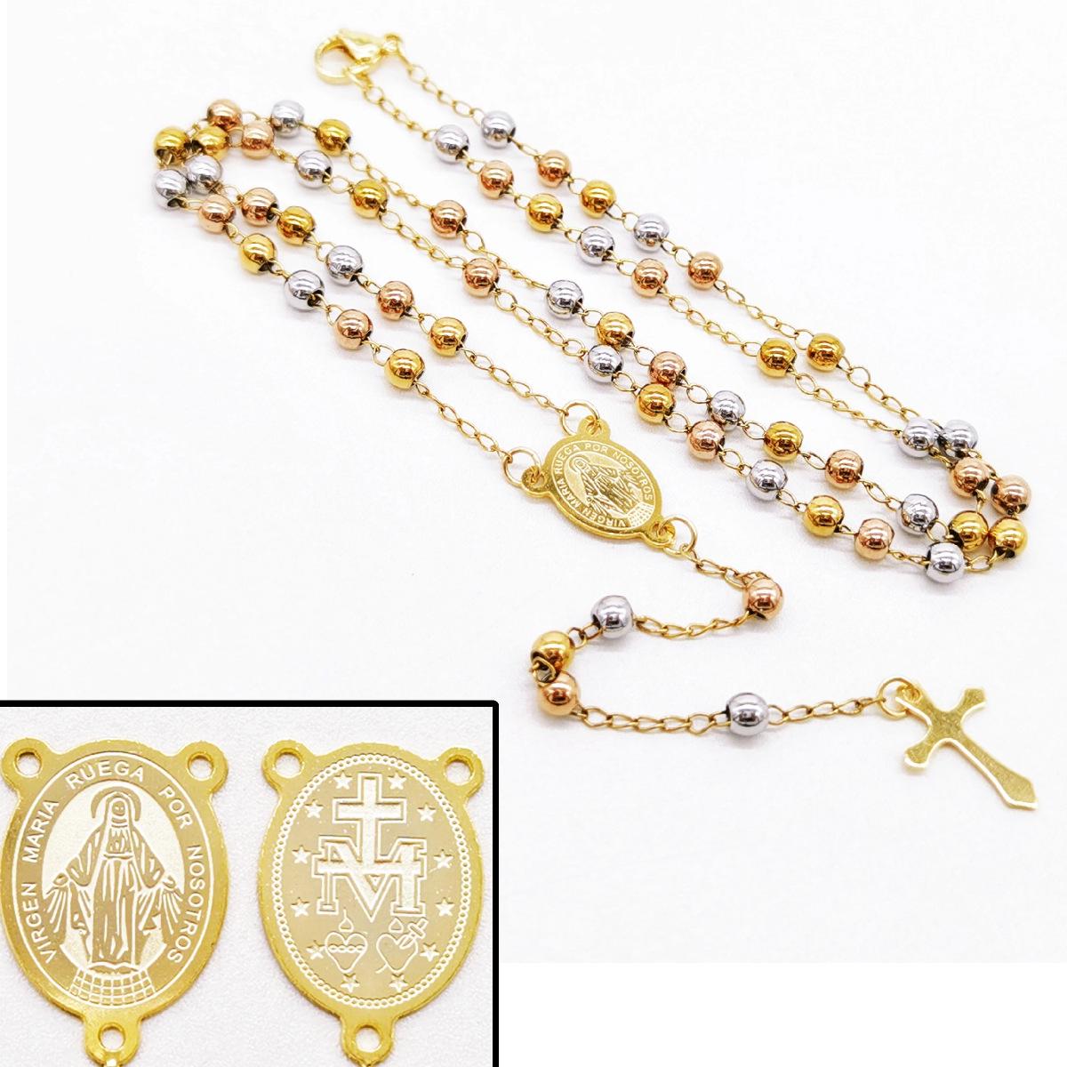 Элегантное трехцветное колье-крест из золота, розового золота и стали с круглыми бусинами Stainless Steel