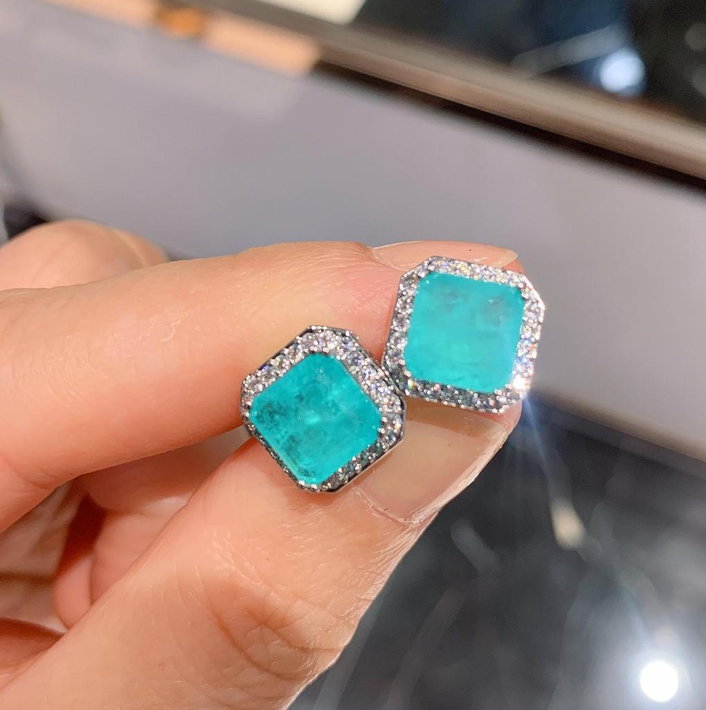 Zhuang Sheng Sheng Simulated Emerald Paraiba Earrings - European & American Style