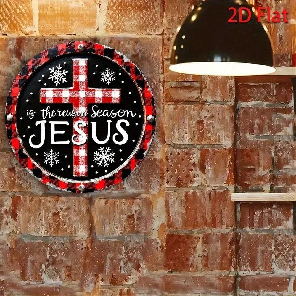 LovelyAlley 8 Inch Round Metal Wall Sign Wreath Design Xmas Home Decor Snowflake Plaid Border