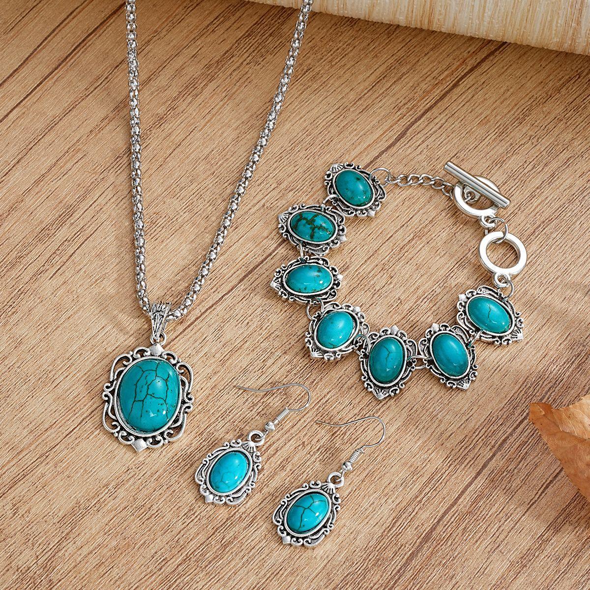 

4pcs Vintage Boho Turquoise Jewelry Set Classic Simple Pendant Necklace Bracelet Earrings Set for Women Daily Wear Jewelry Gifts