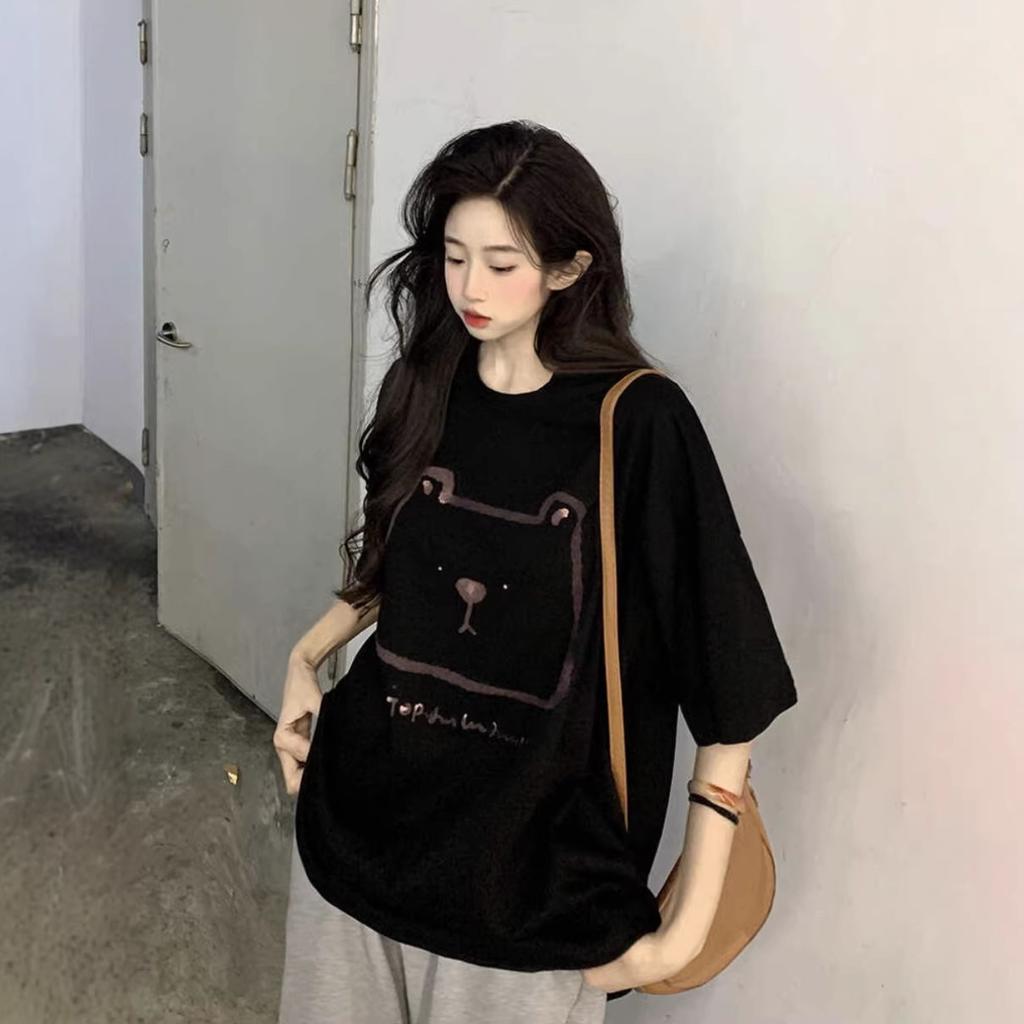 Large Size Fat MM Lazy Hong Kong Style Bear Print Short-sleeved T-shirt Women's Pure Cotton Loose Medium and Long Front Shoulder Couple Top
