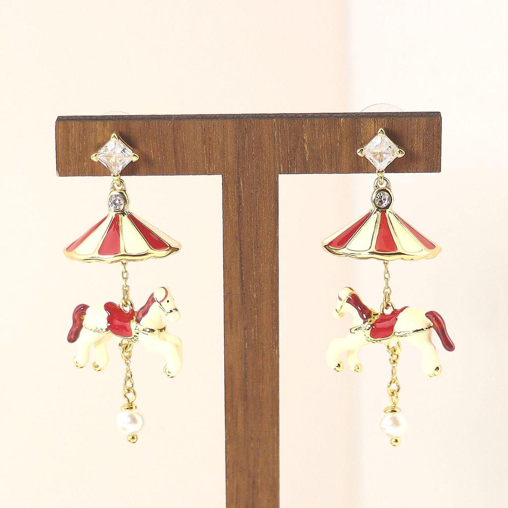 Creative Enamel Carousel Pearl Pendant Earrings & Necklace - European & American Style Christmas Series