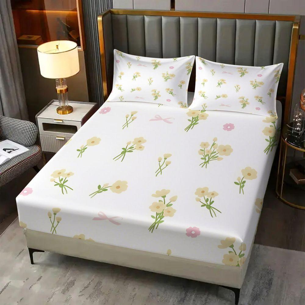 Cream Floral Bow Digital Print Fitted Sheet Set Bed Sheet Set Bedding Set No Fillers Cottage Teen Room Home Decor