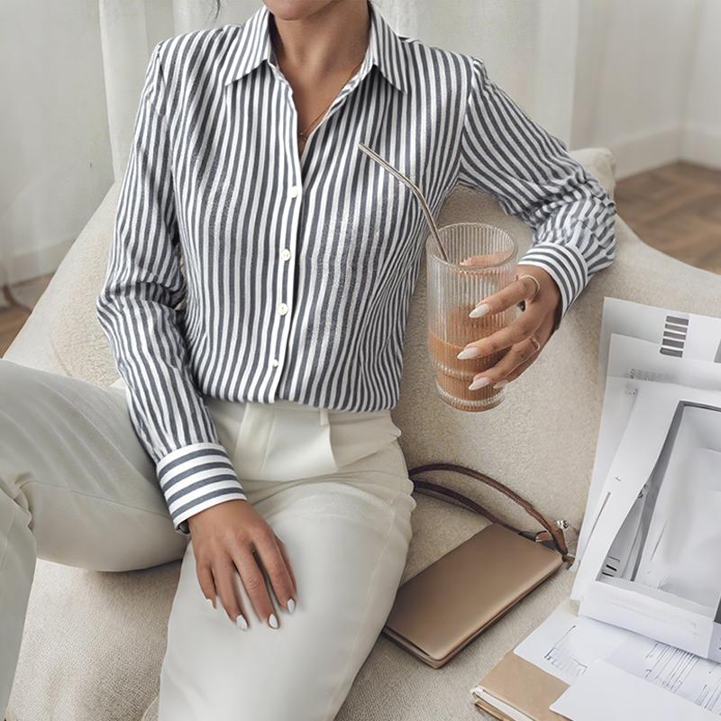 

ZANZEA Женская повседневная блузка в полоску с отложным воротником и длинным рукавом 5XL чёрный