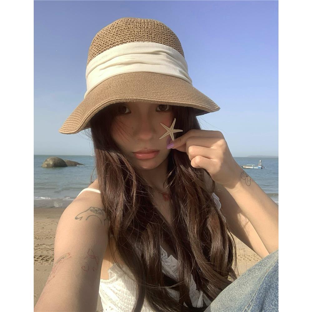 Vintage eaves straw bucket hat women's summer vacation wind seaside beach visor pleated sunscreen straw hat