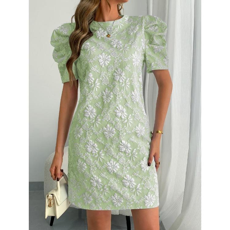 Textured Jacquard Women New Style Summer Vintage Dresses Round Neck Bubble Sleeve