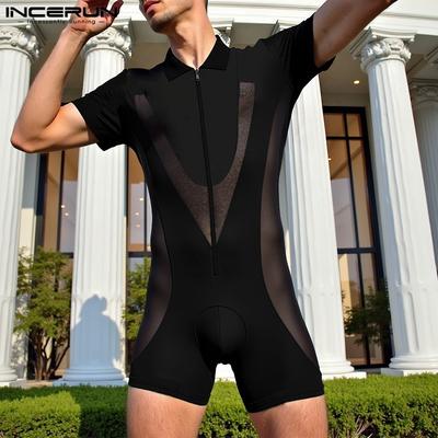 Men Short Sleeve Mesh Sheer Patchwork Fitted Jumpsuits Romper Bodysuits Pajamas