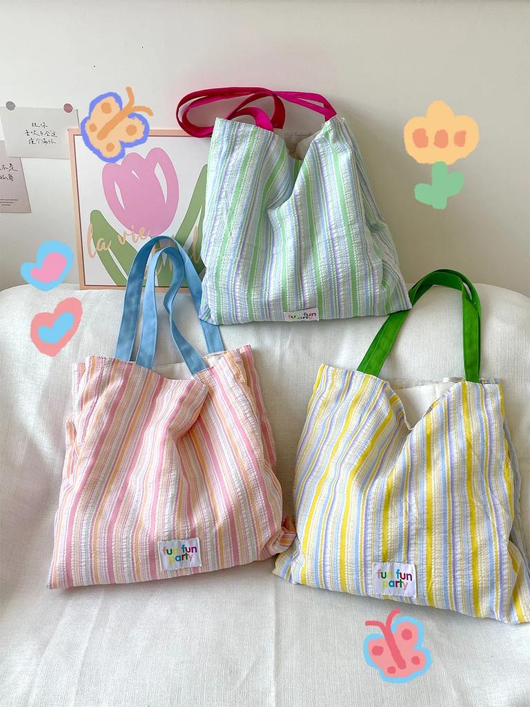 Contrast Color Women's Cloth Shoulder Bag Stripe Letter Design Ladies Commute Tote Handbags Large Capacity Female Shopping Bags