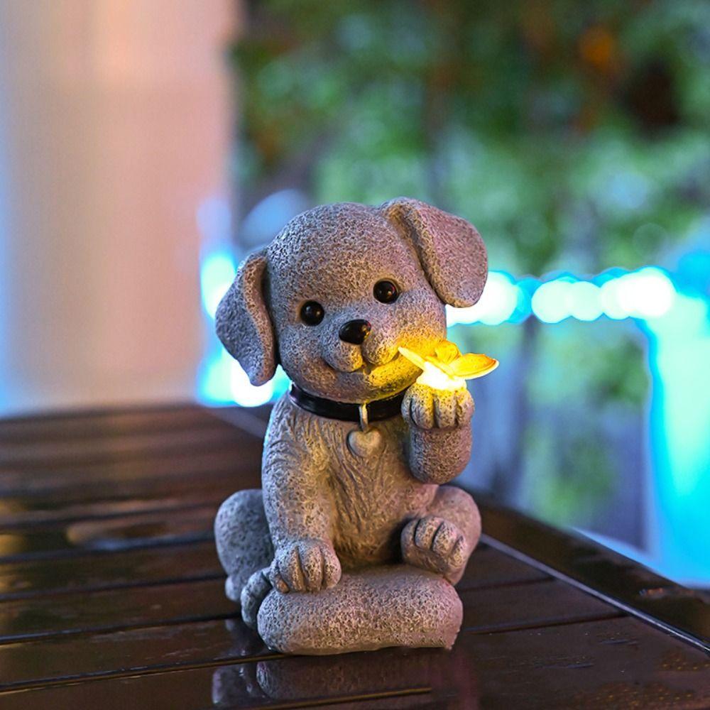 Resin Puppy Butterfly Solar Ornament Creative Animal Sculptures Lamp Dog Statue Light Desktop