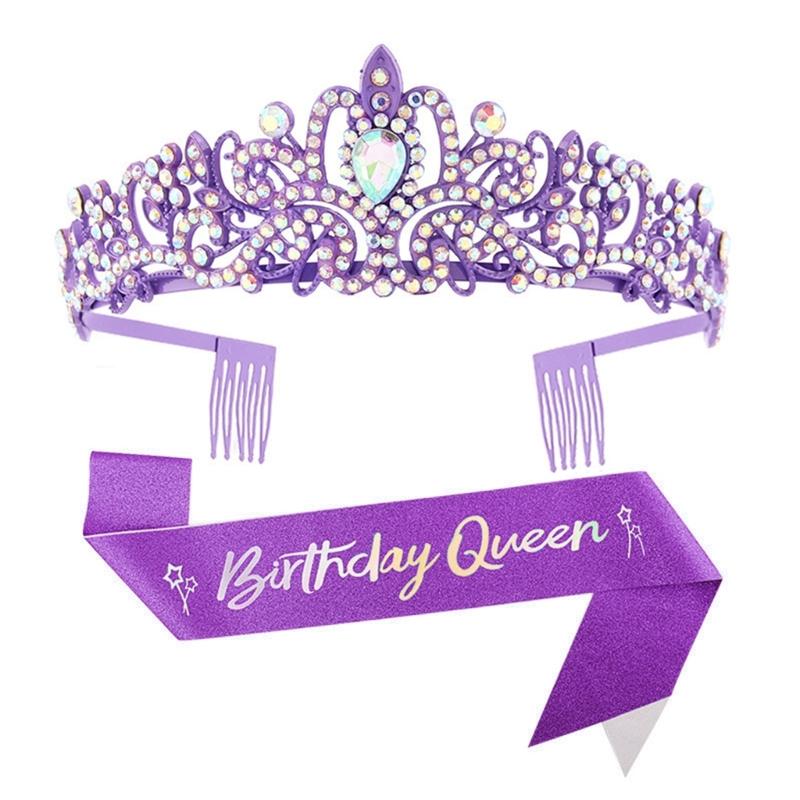 Fashionable 2pcs Rhinestones Tiaras Headband and Sash Hairpiece Hair Accesories for Women’s Birthday Party Accessories